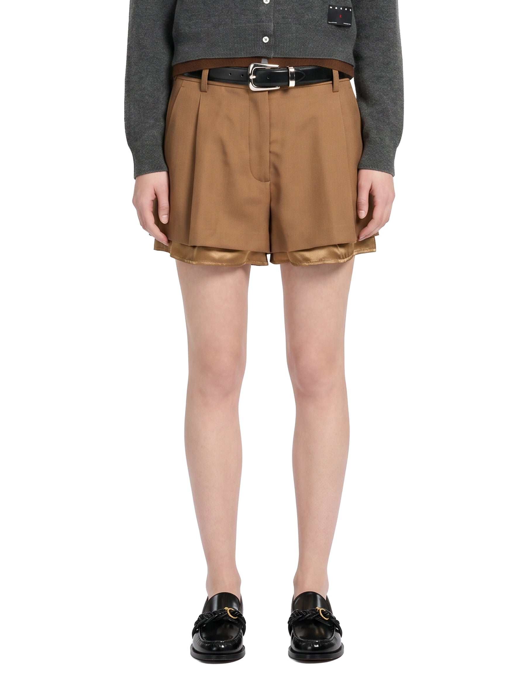 Shorts in lana con fodera a vista in marrone 