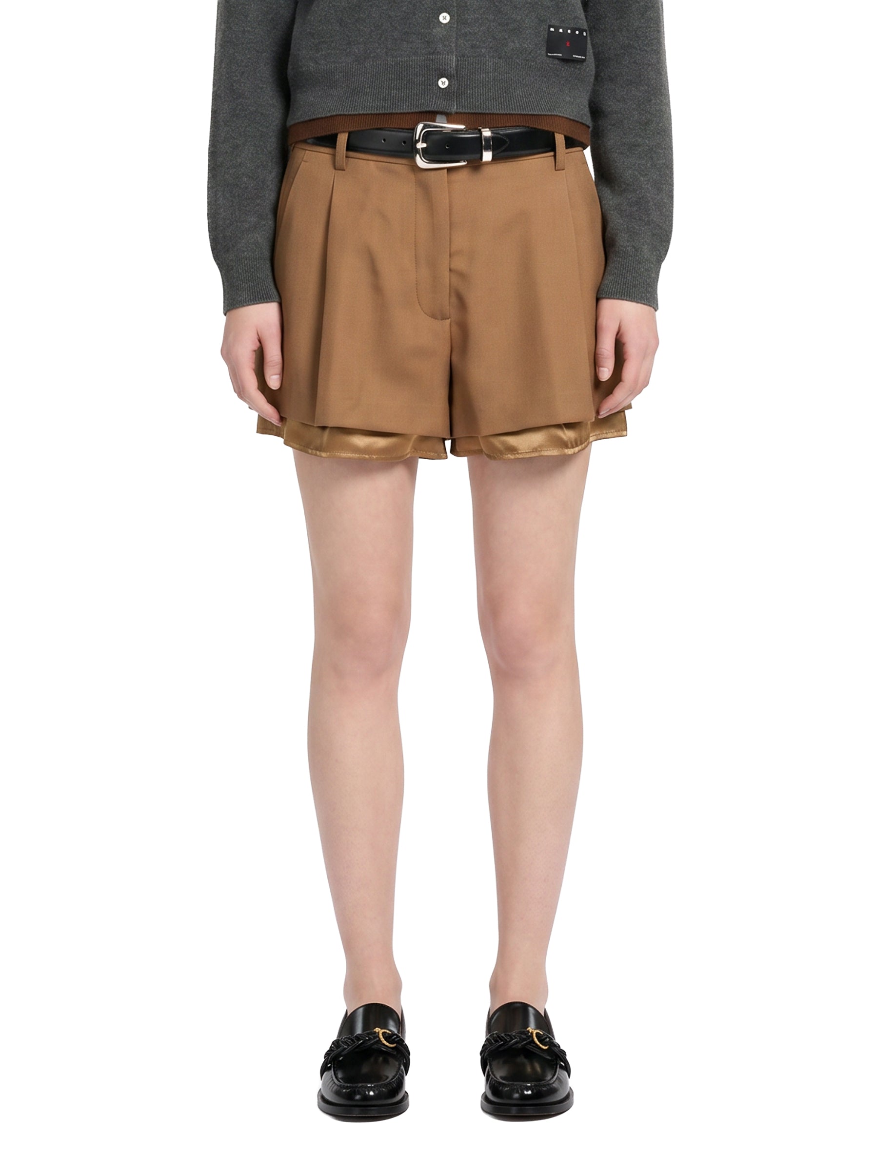 Shorts in lana con fodera a vista in marrone 