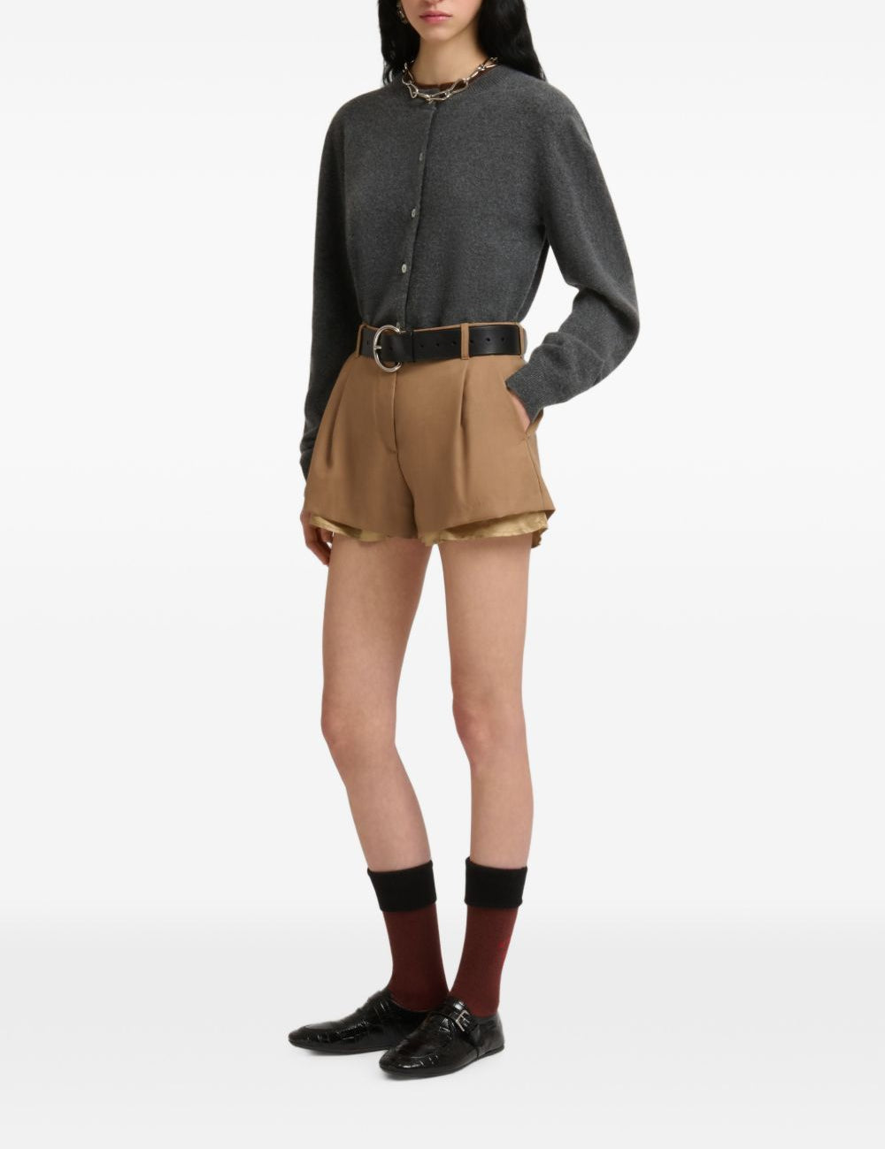 Shorts in lana con fodera a vista in marrone 