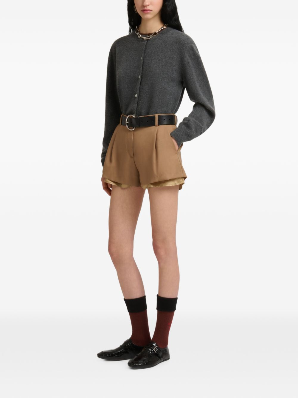 Shorts in lana con fodera a vista in marrone 