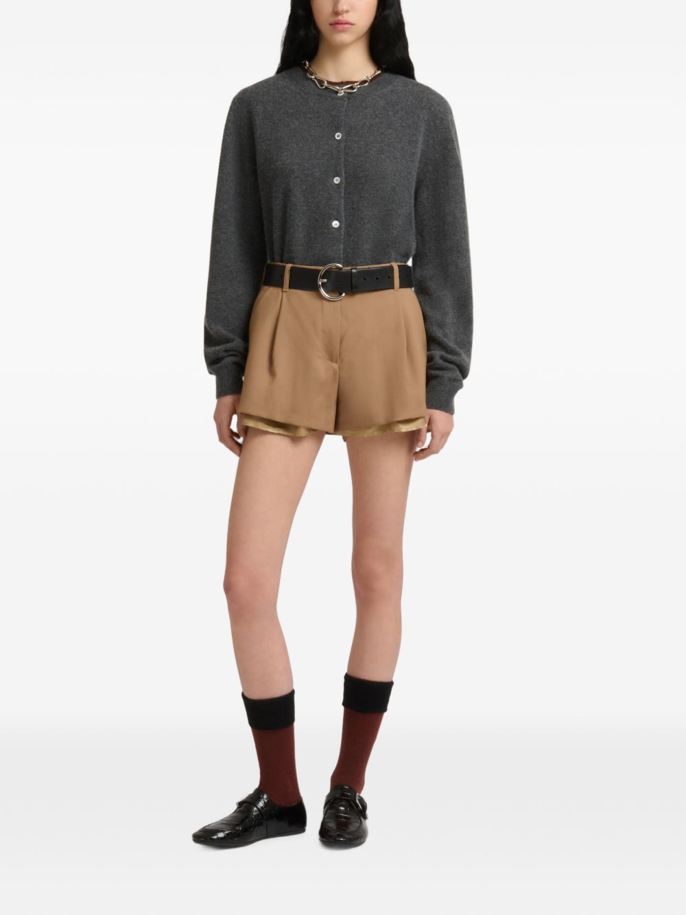 Shorts in lana con fodera a vista in marrone 