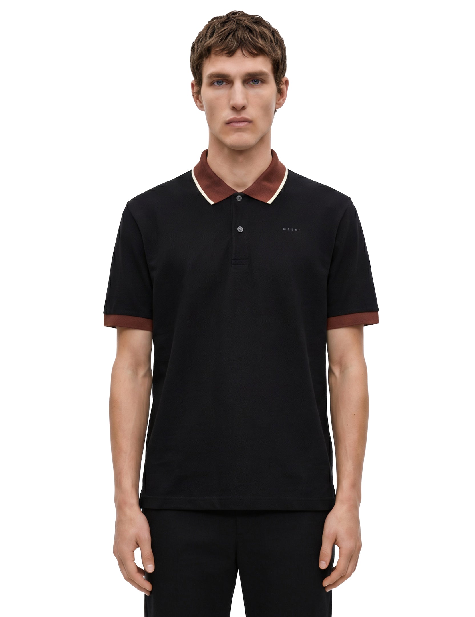 Polo con colletto a contrasto in nero e marrone 