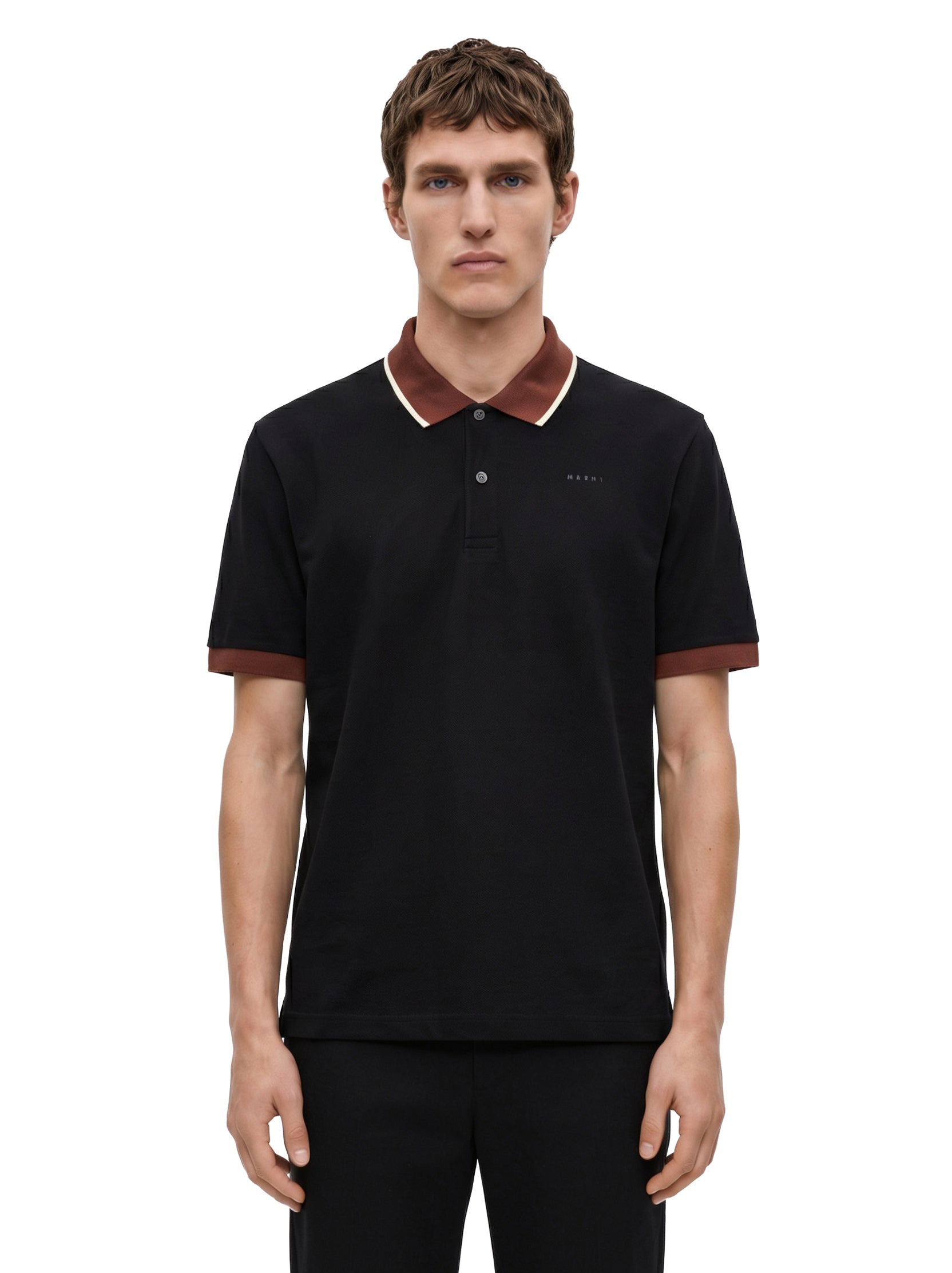 Polo con colletto a contrasto in nero e marrone 