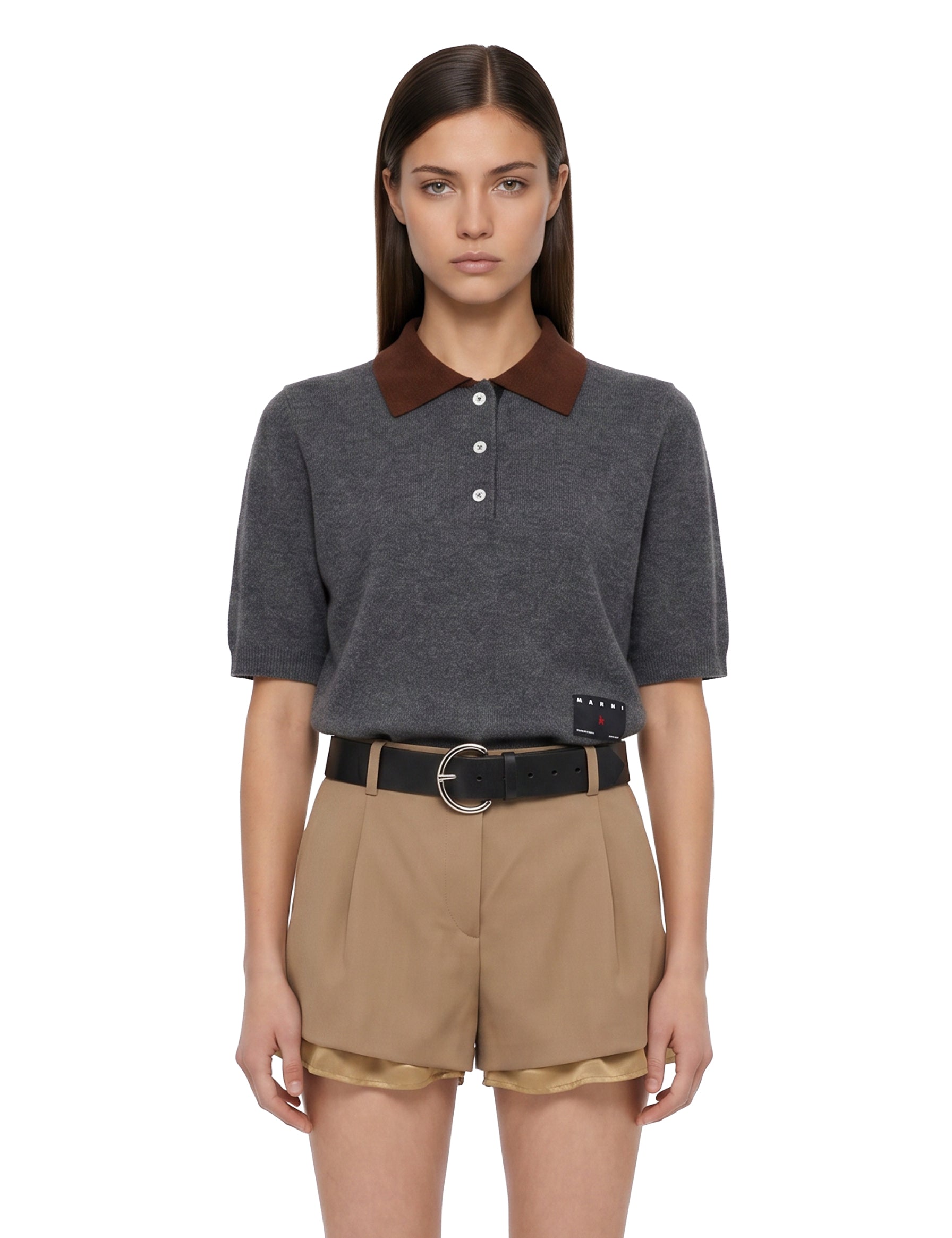 Polo in cashmere grigio con colletto a contrasto 