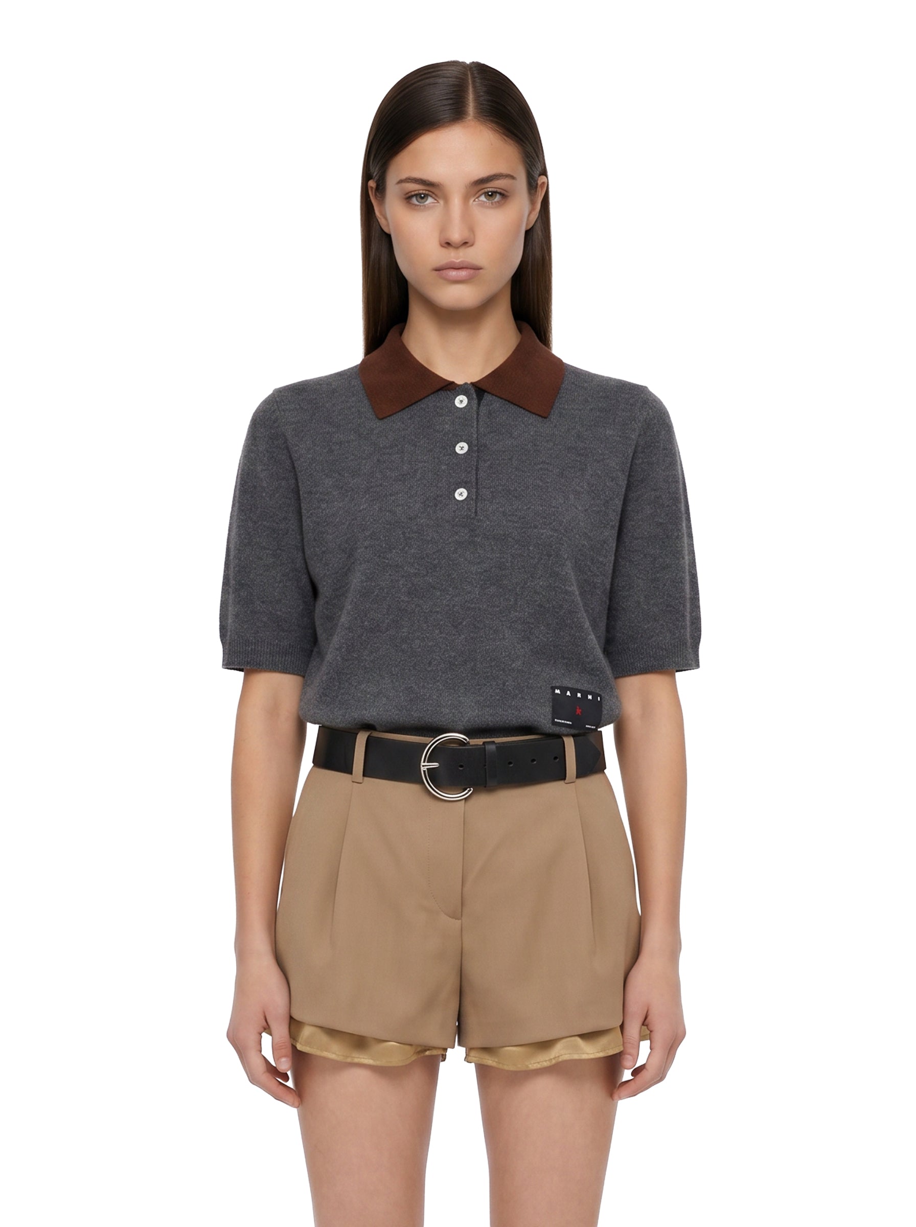 Polo in cashmere grigio con colletto a contrasto 