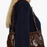 Borsa a spalla in pelle arricciata marrone 