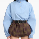 Camicia in popeline a collo alto in celeste 