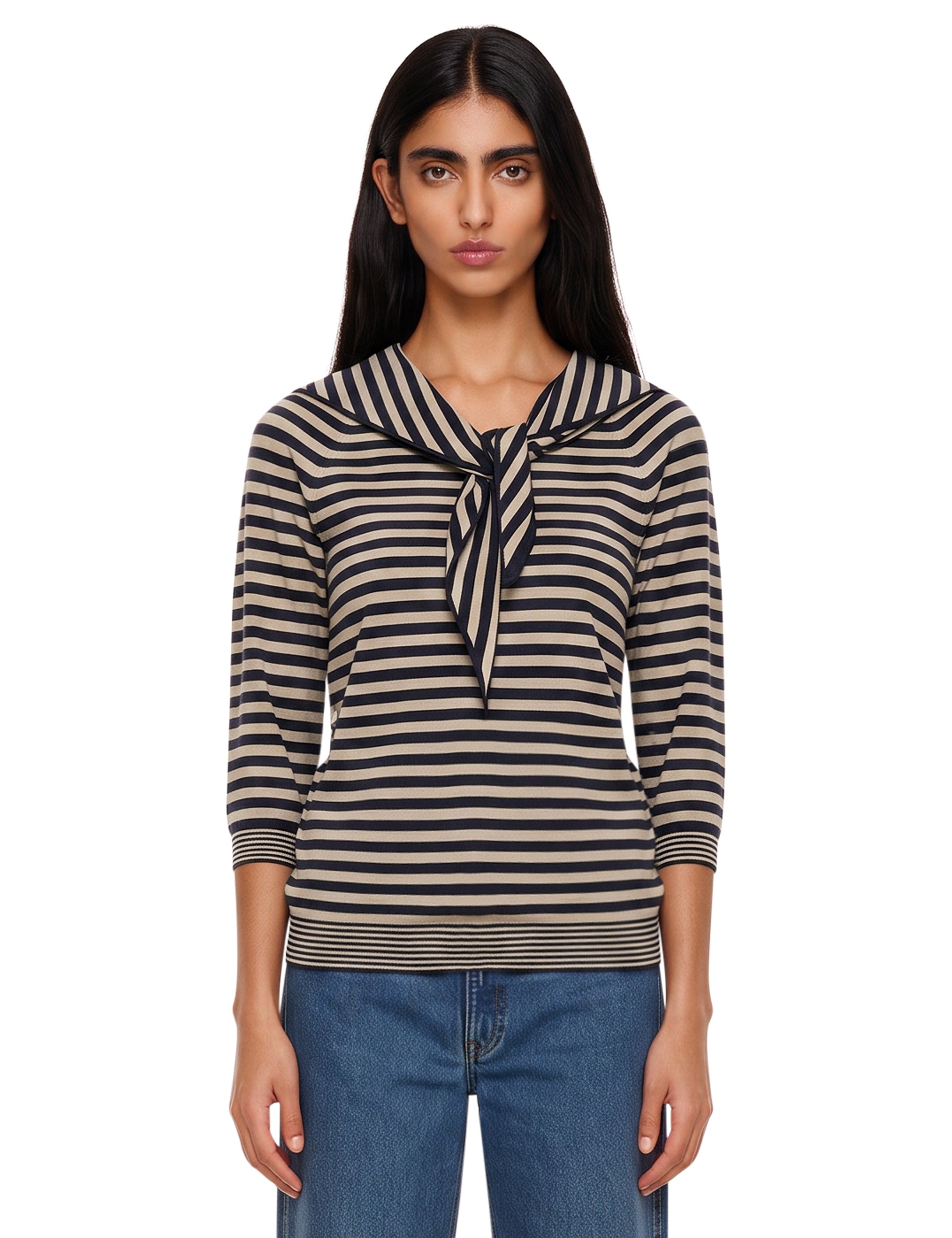 Top in maglia a righe fenice in bianco e blu 
