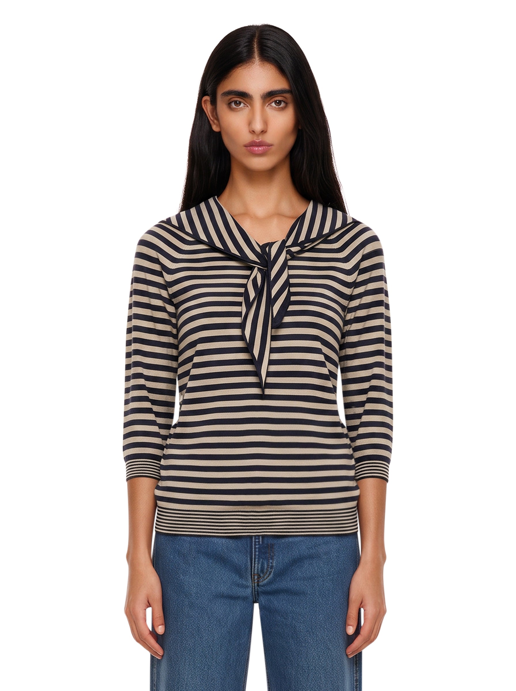 Top in maglia a righe fenice in bianco e blu 