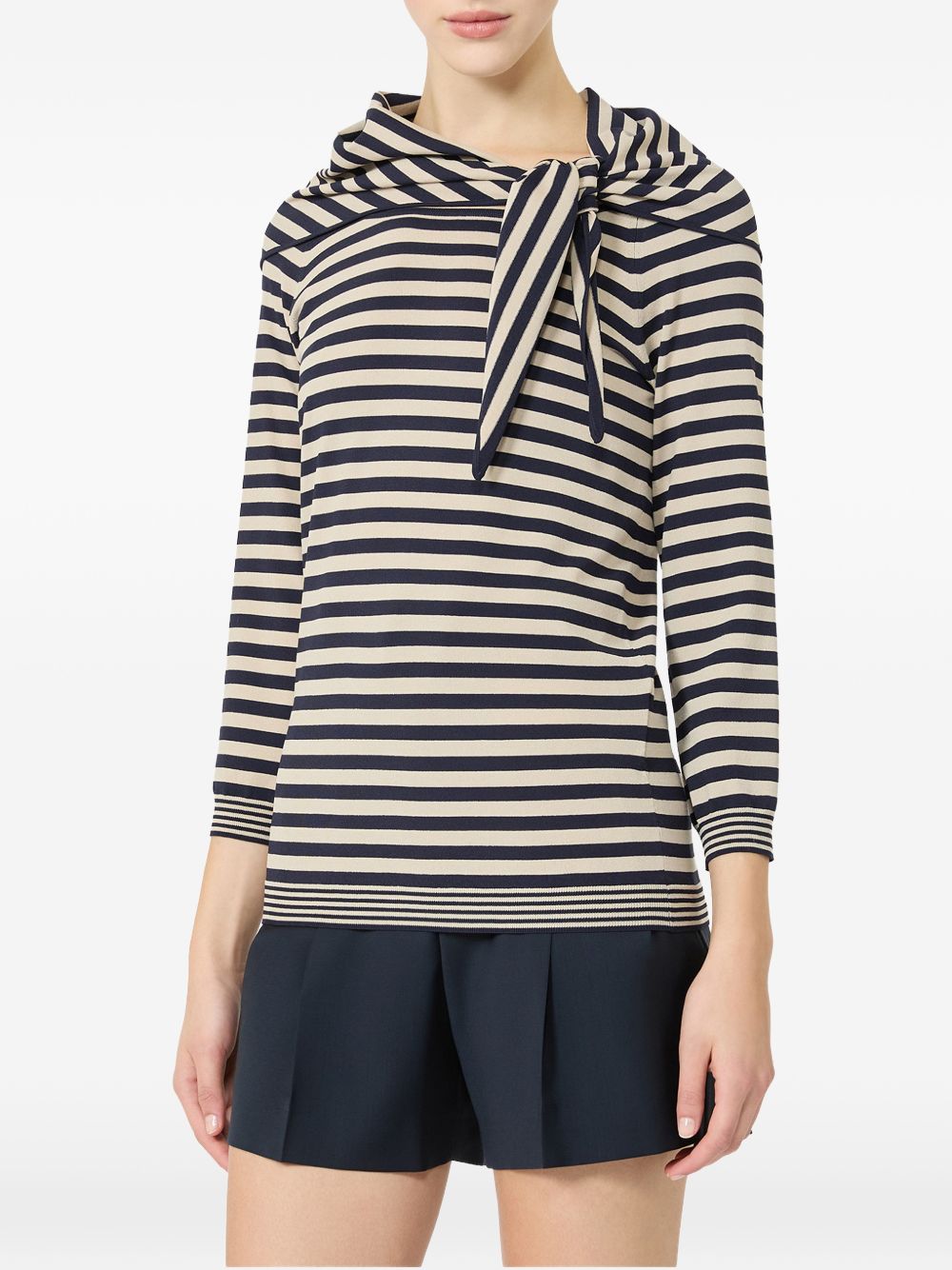 Top in maglia a righe fenice in bianco e blu 