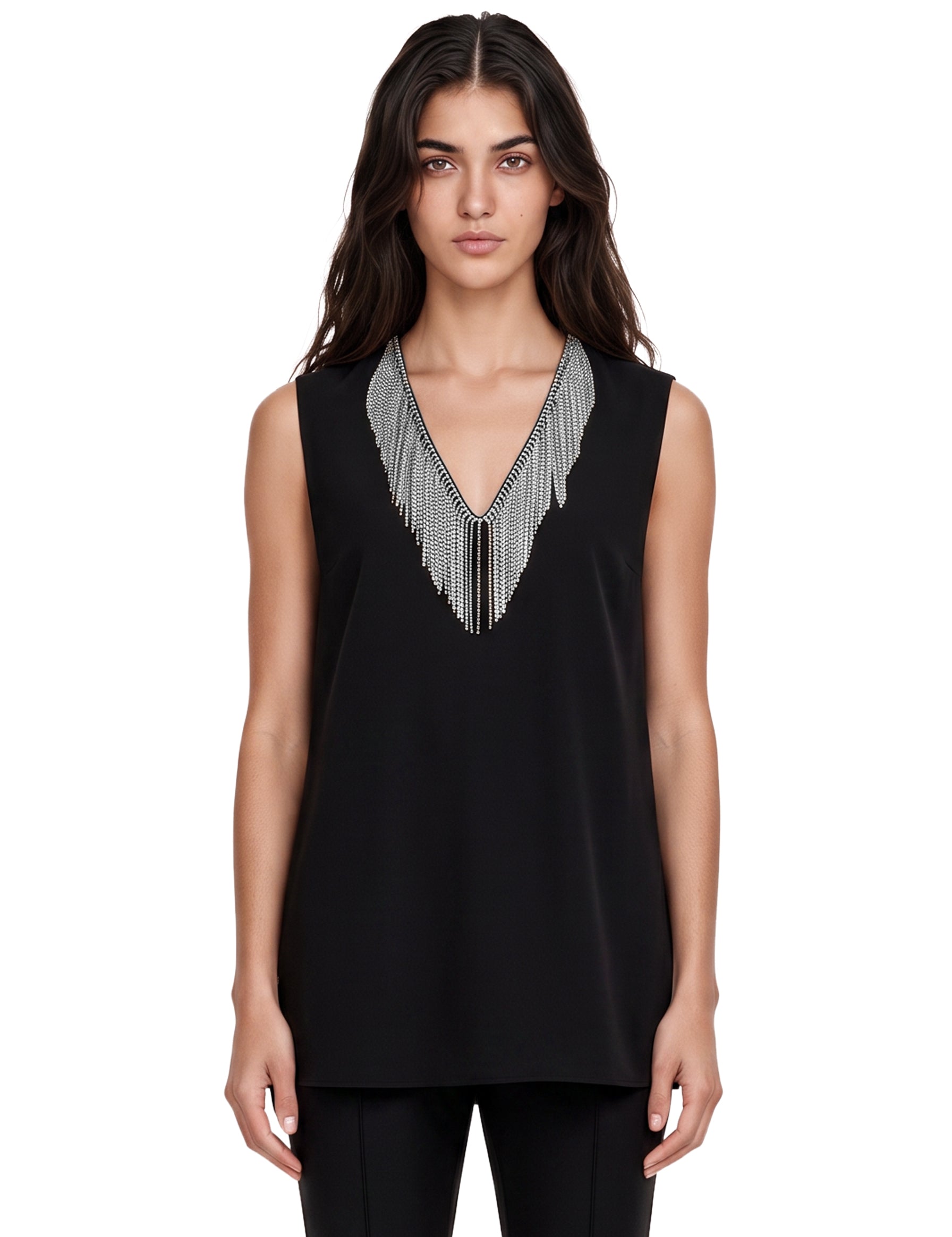 Top smanicato con strass faglia in nero 