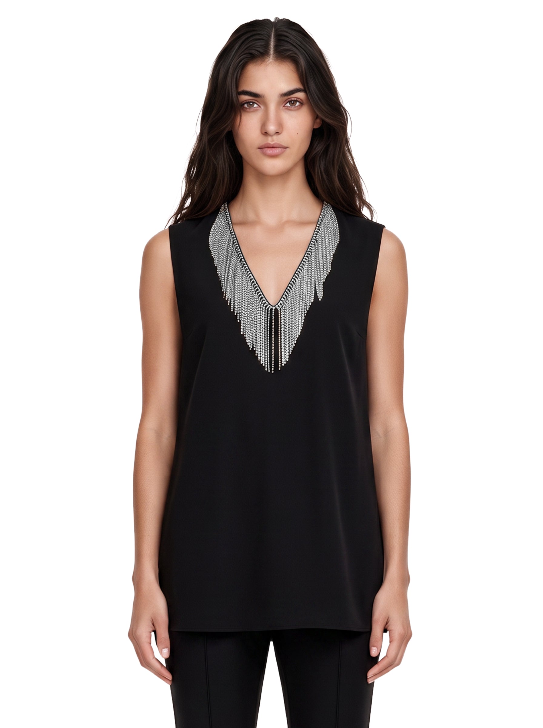 Top smanicato con strass faglia in nero 