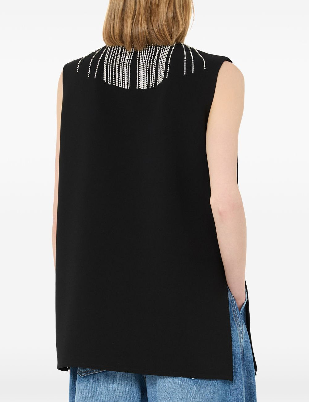 Top smanicato con strass faglia in nero 