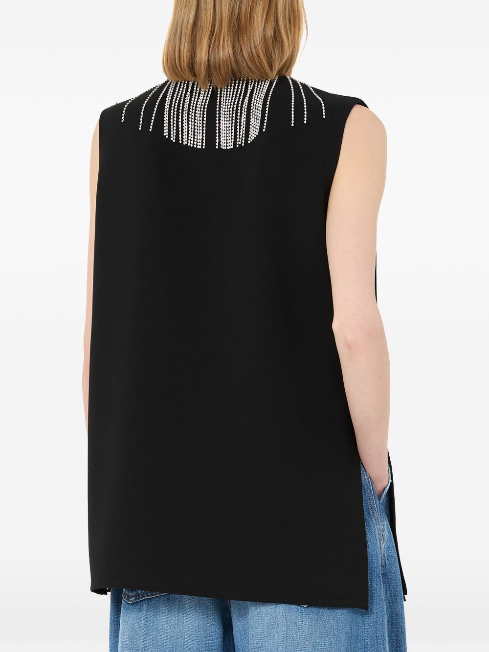 Top smanicato con strass faglia in nero 