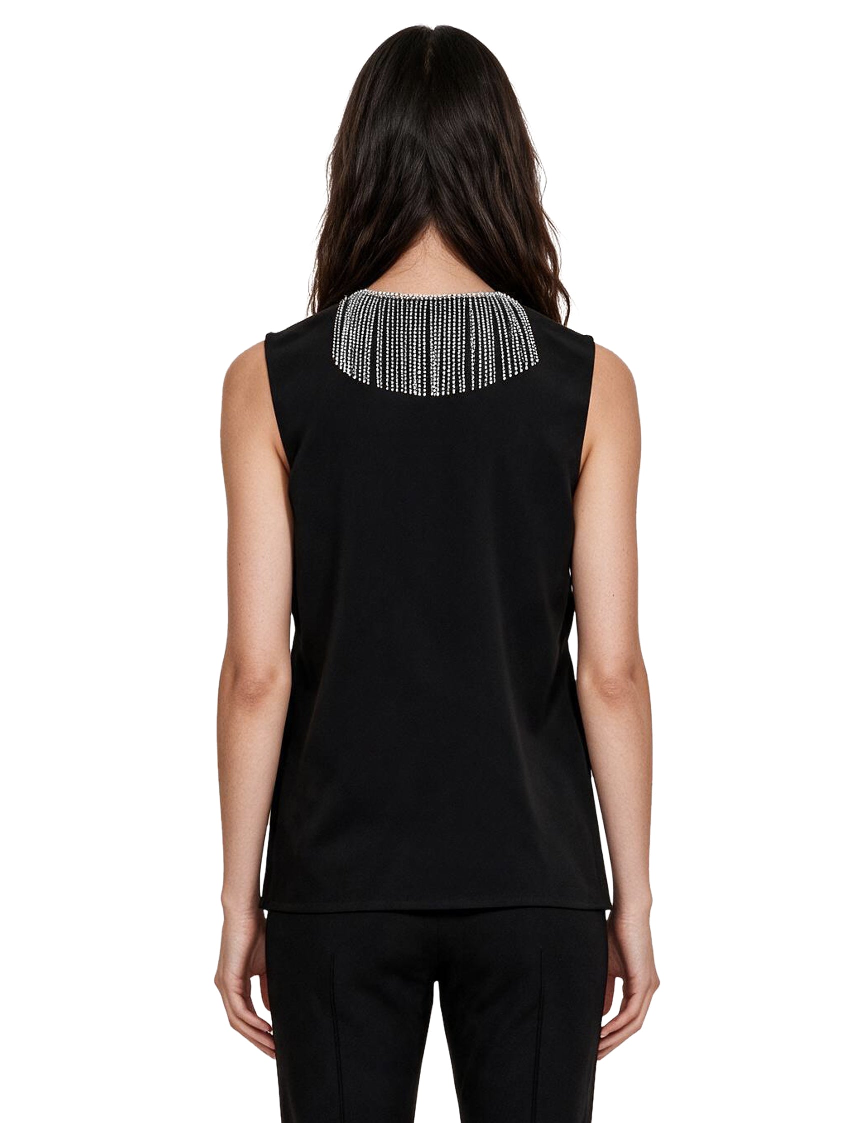 Top smanicato con strass faglia in nero 