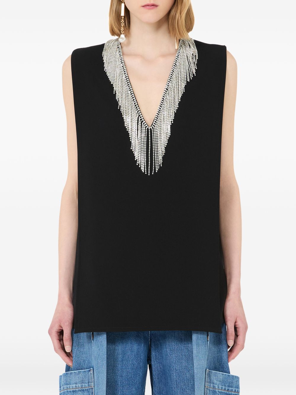 Top smanicato con strass faglia in nero 