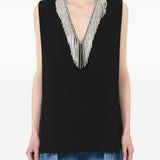 Top smanicato con strass faglia in nero 