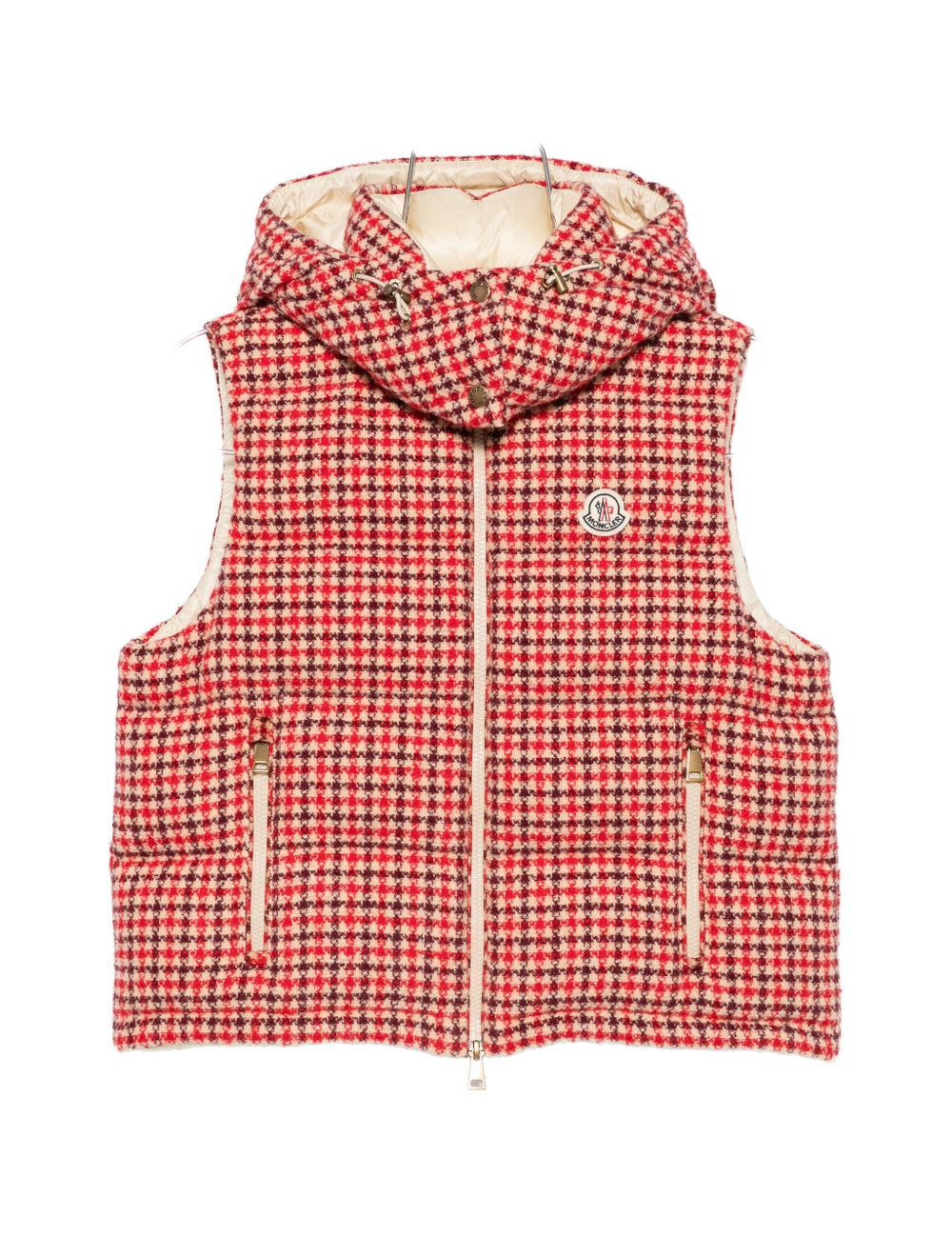 Gilet imbottito con motivo pied de poule in rosso 