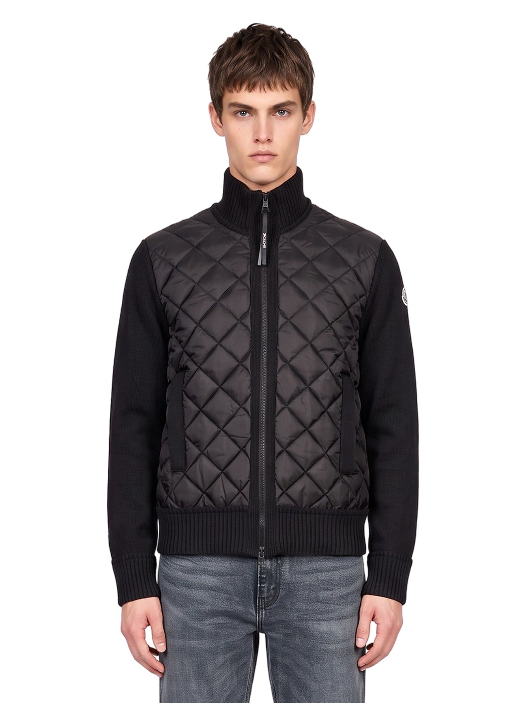 Cardigan trapuntato con zip in nero 