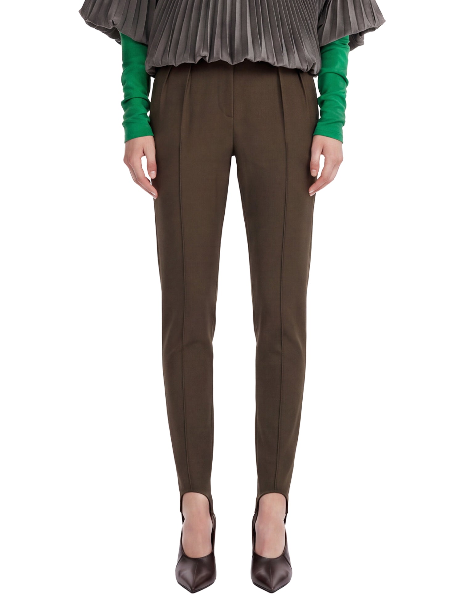 Pantaloni a vita alta con staffe in verde oliva 