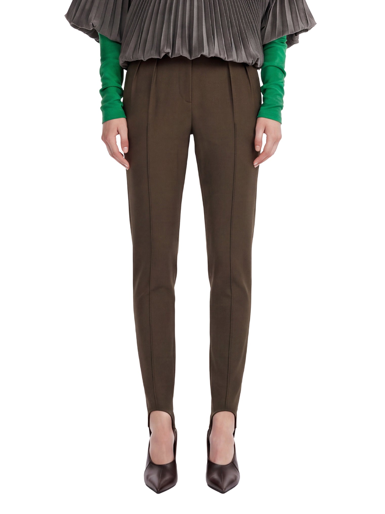 Pantaloni a vita alta con staffe in verde oliva 
