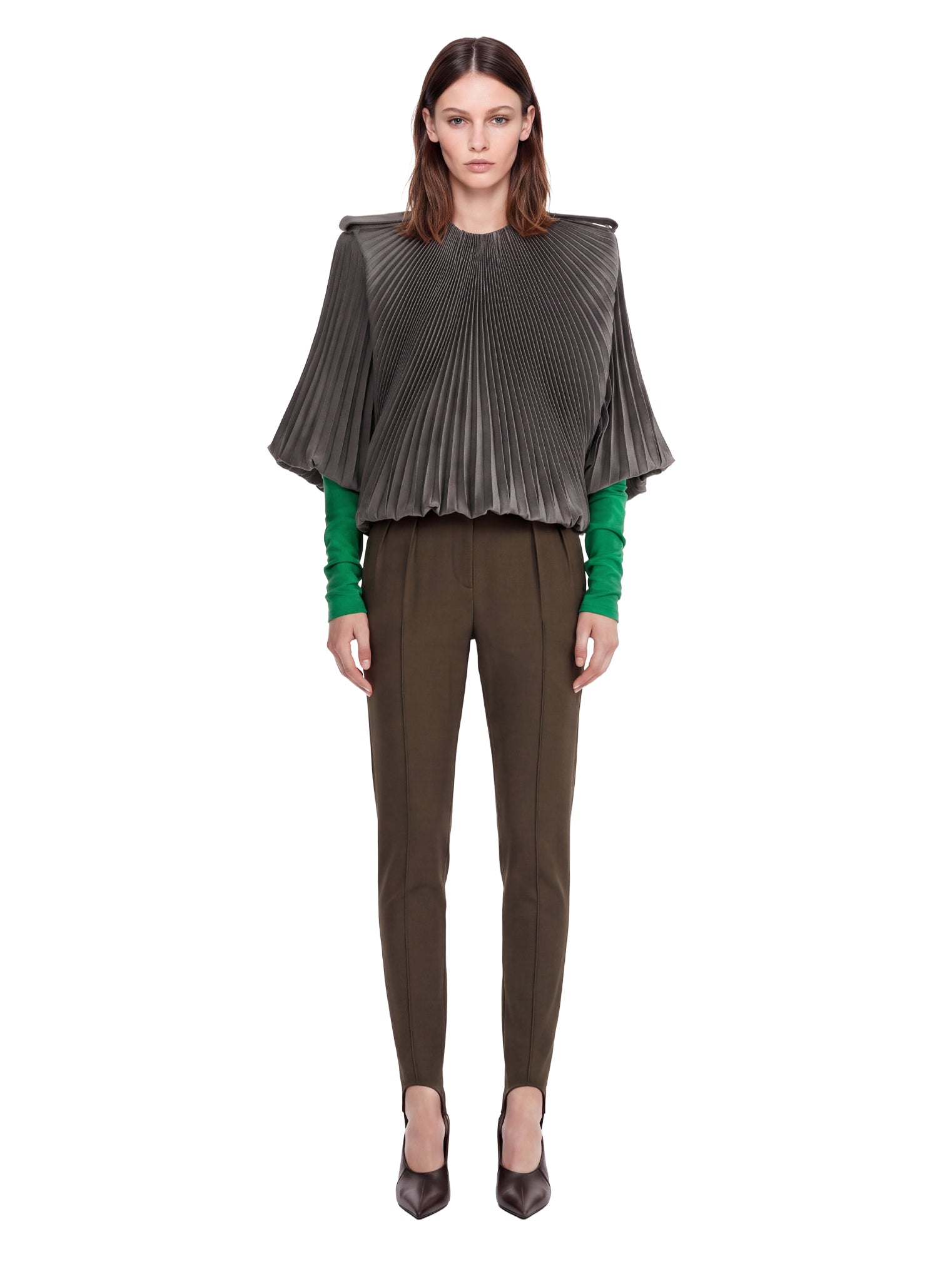Pantaloni a vita alta con staffe in verde oliva 