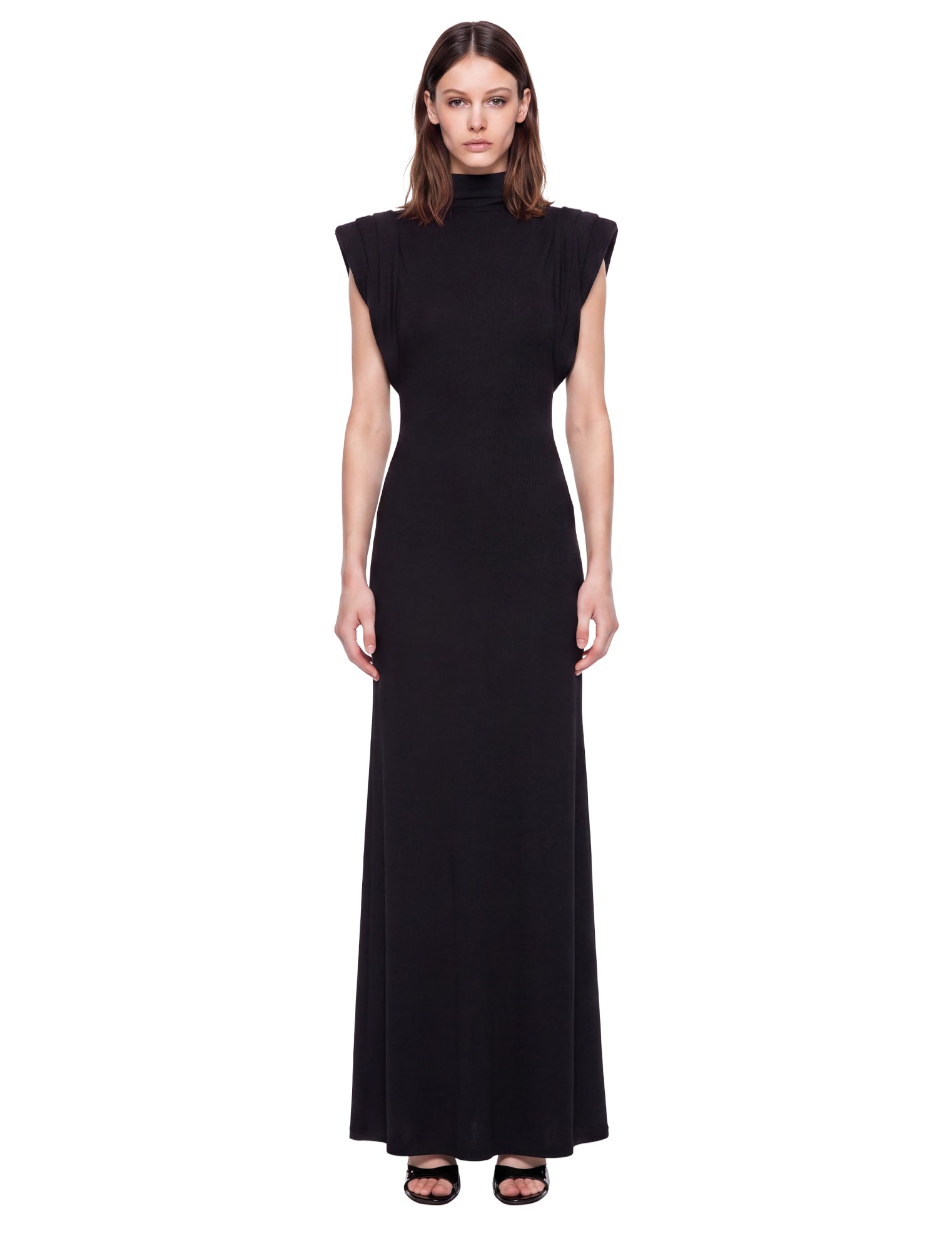 Abito maxi con spalline strutturate in nero 