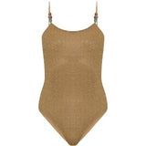 Costume da bagno metallizzato con perline color oro 