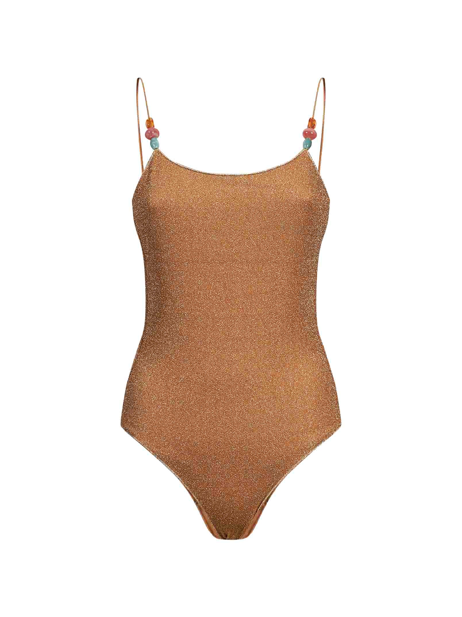 Costume da bagno metallizzato con perline color oro 