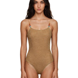 Costume da bagno metallizzato con perline color oro 