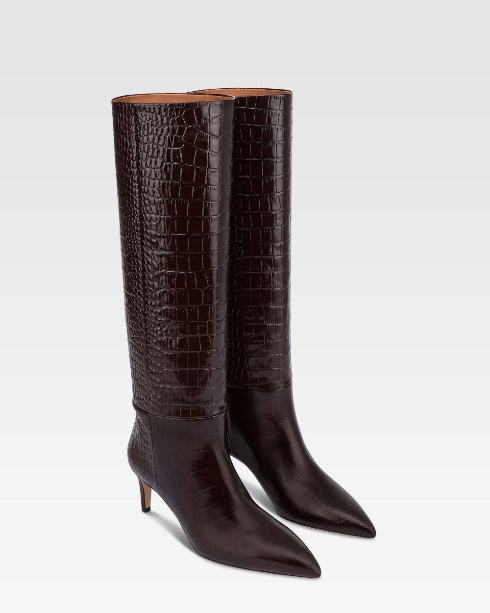 Stivali Stiletto effetto coccodrillo in marrone cioccolato 