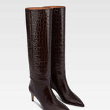 Stivali Stiletto effetto coccodrillo in marrone cioccolato 