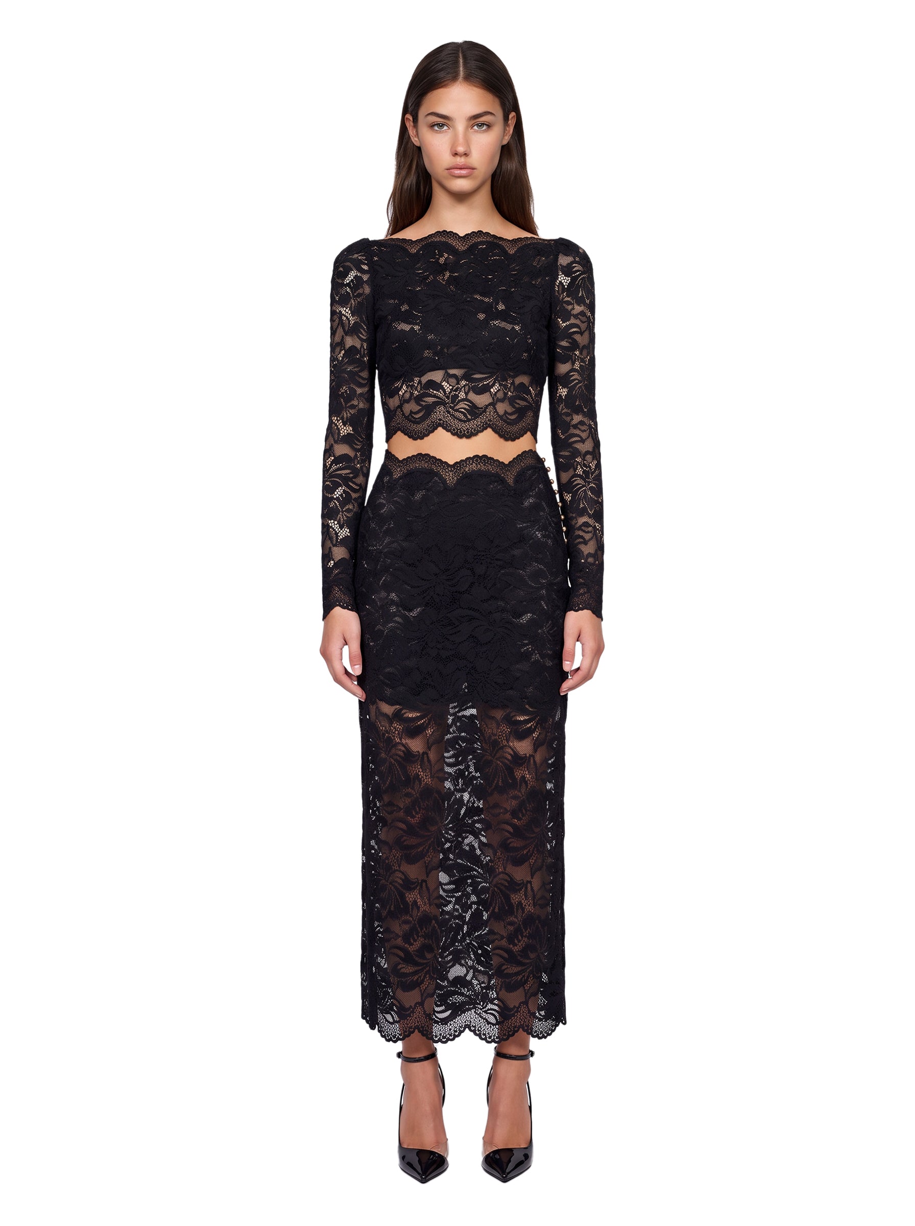 Top crop in pizzo in nero 