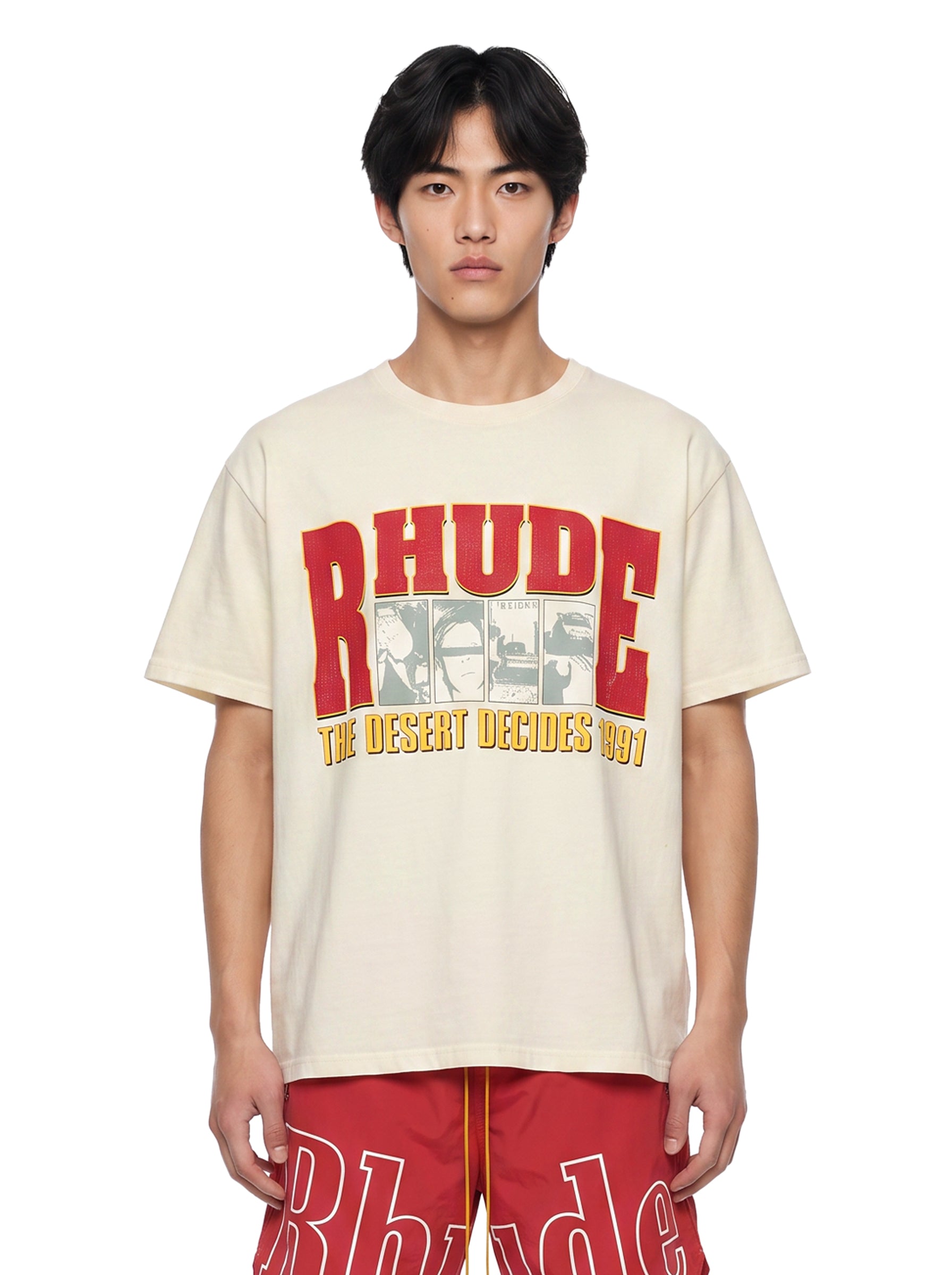 T-shirt a maniche corte con stampa The Desert Decides in avorio 