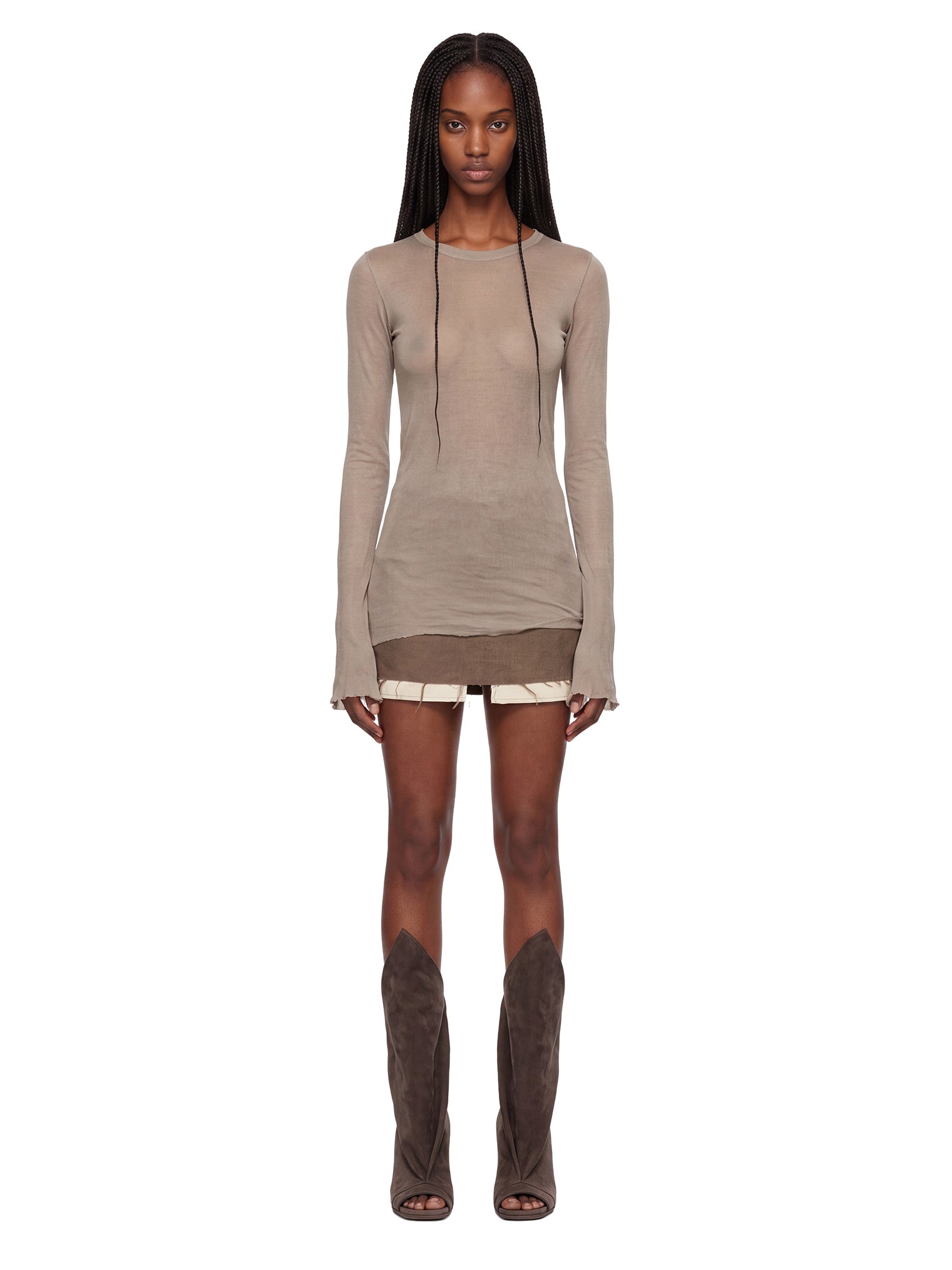 T-shirt a maniche lunghe semi-trasparente in beige 
