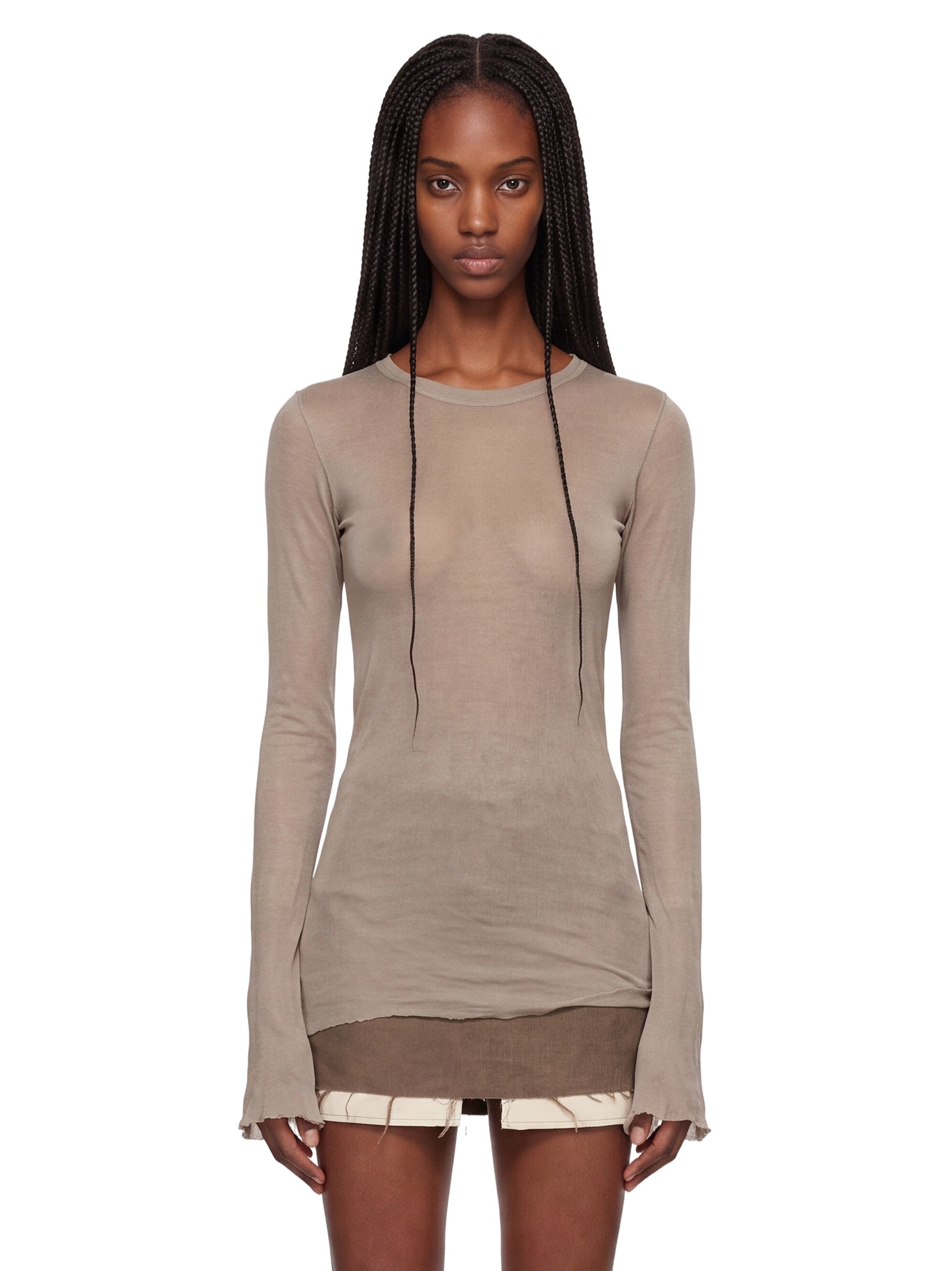 T-shirt a maniche lunghe semi-trasparente in beige 
