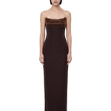 Abito lungo senza spalline marrone 