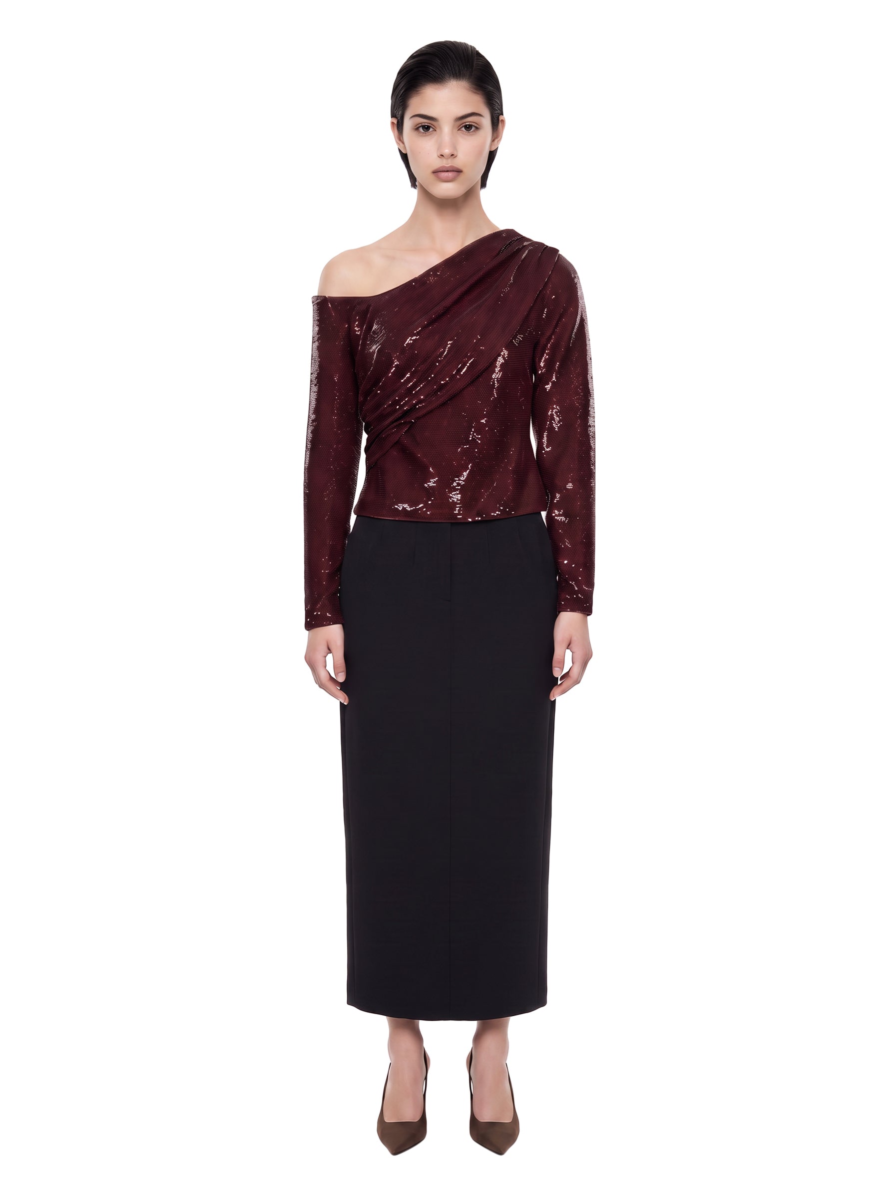 Top paillettes asimmetrico bordeaux 