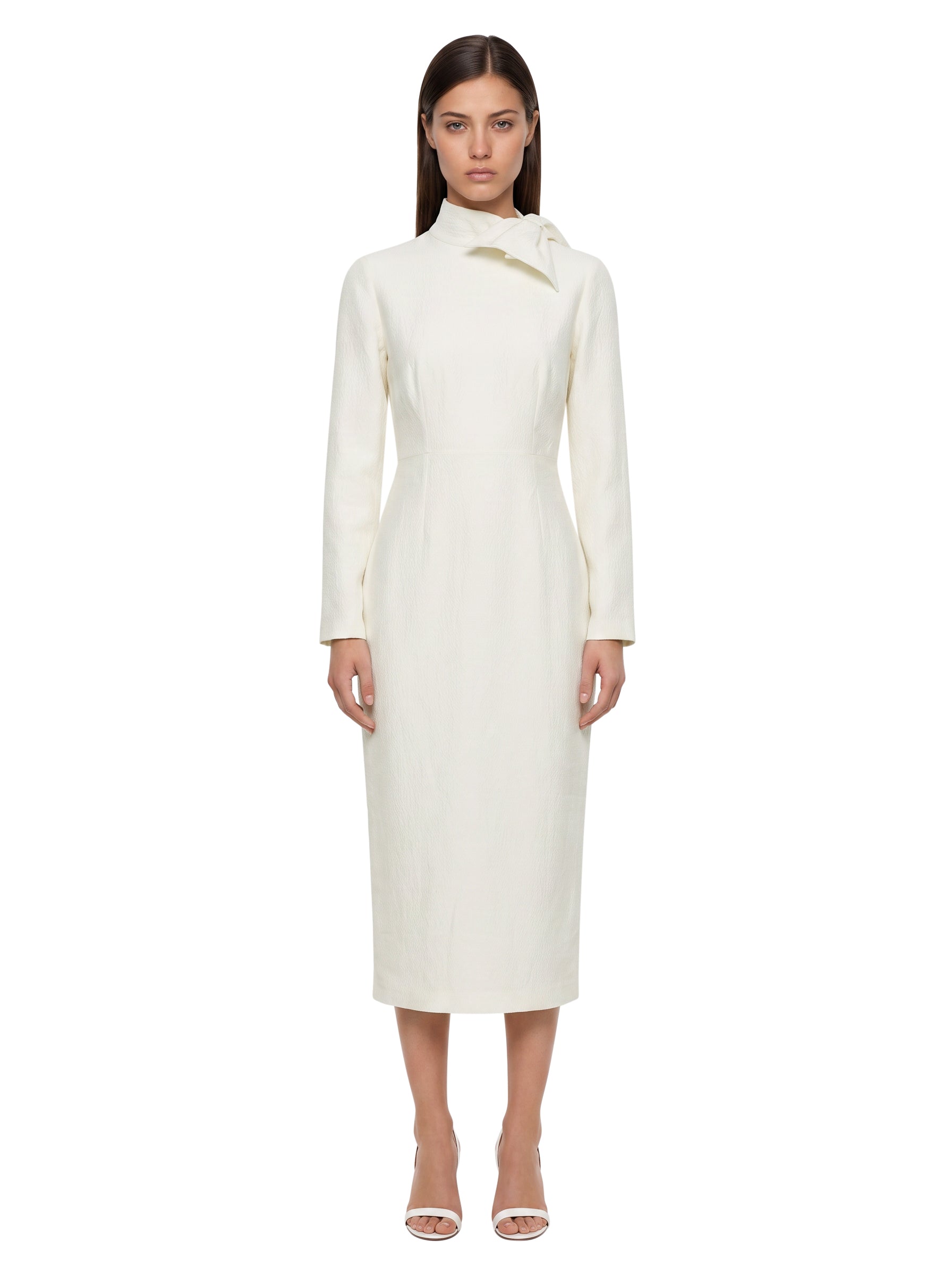 Abito midi in jacquard con fiocco in bianco 