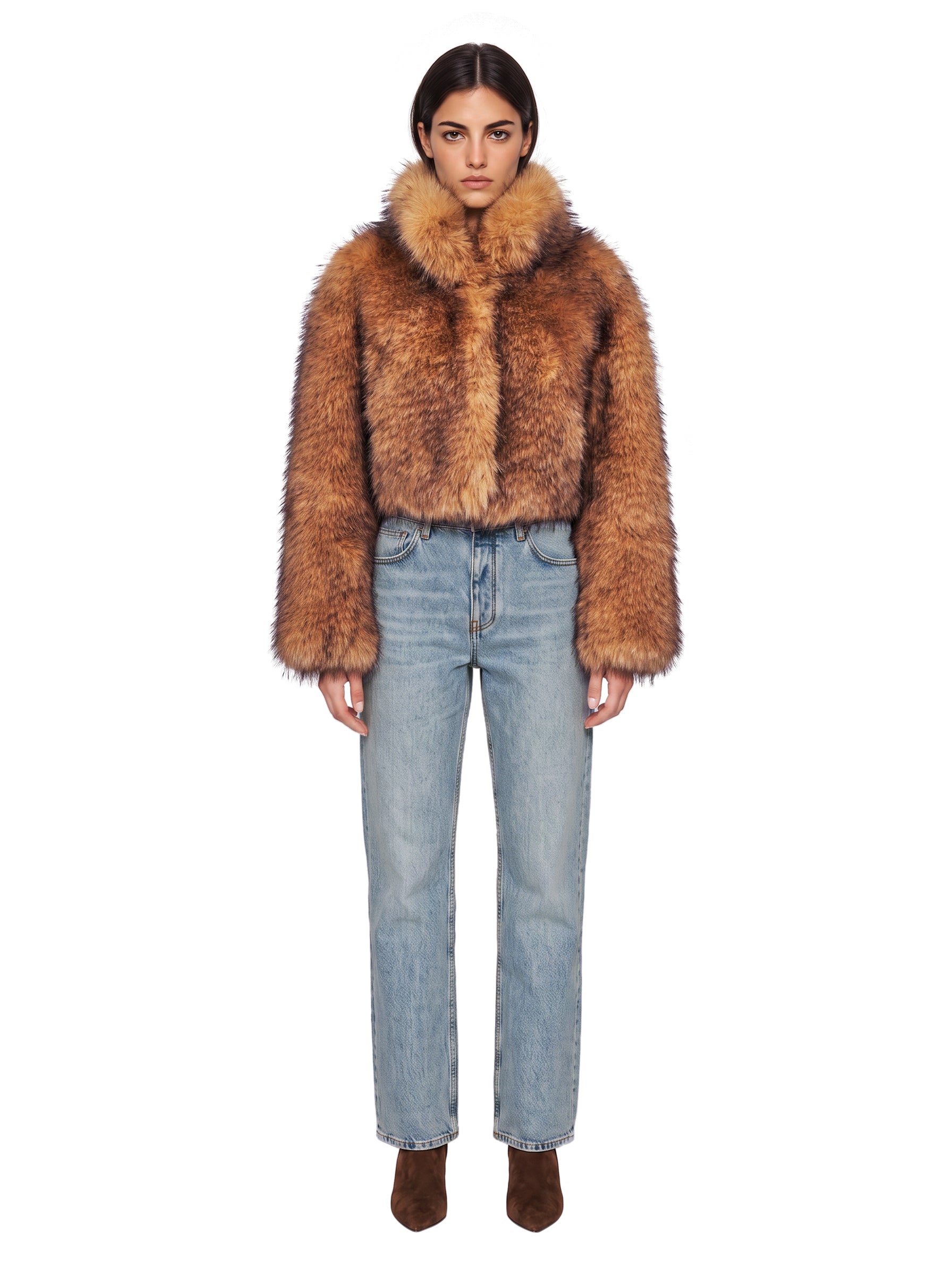 Giacca corta in eco pelliccia in marrone 
