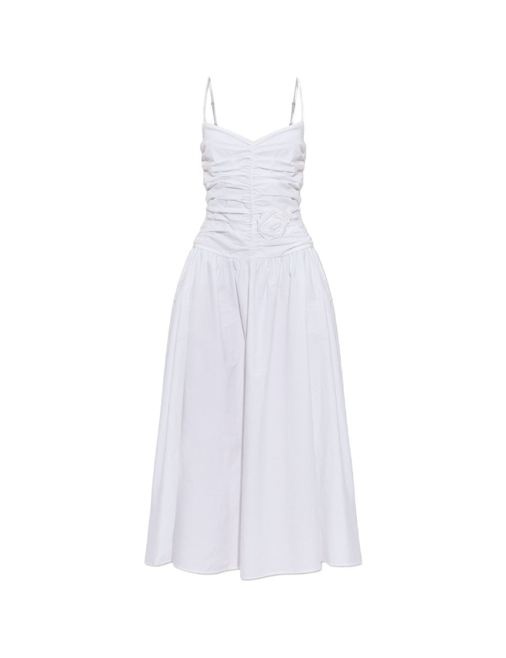 Abito midi arricciato con dettagli floreali in bianco 
