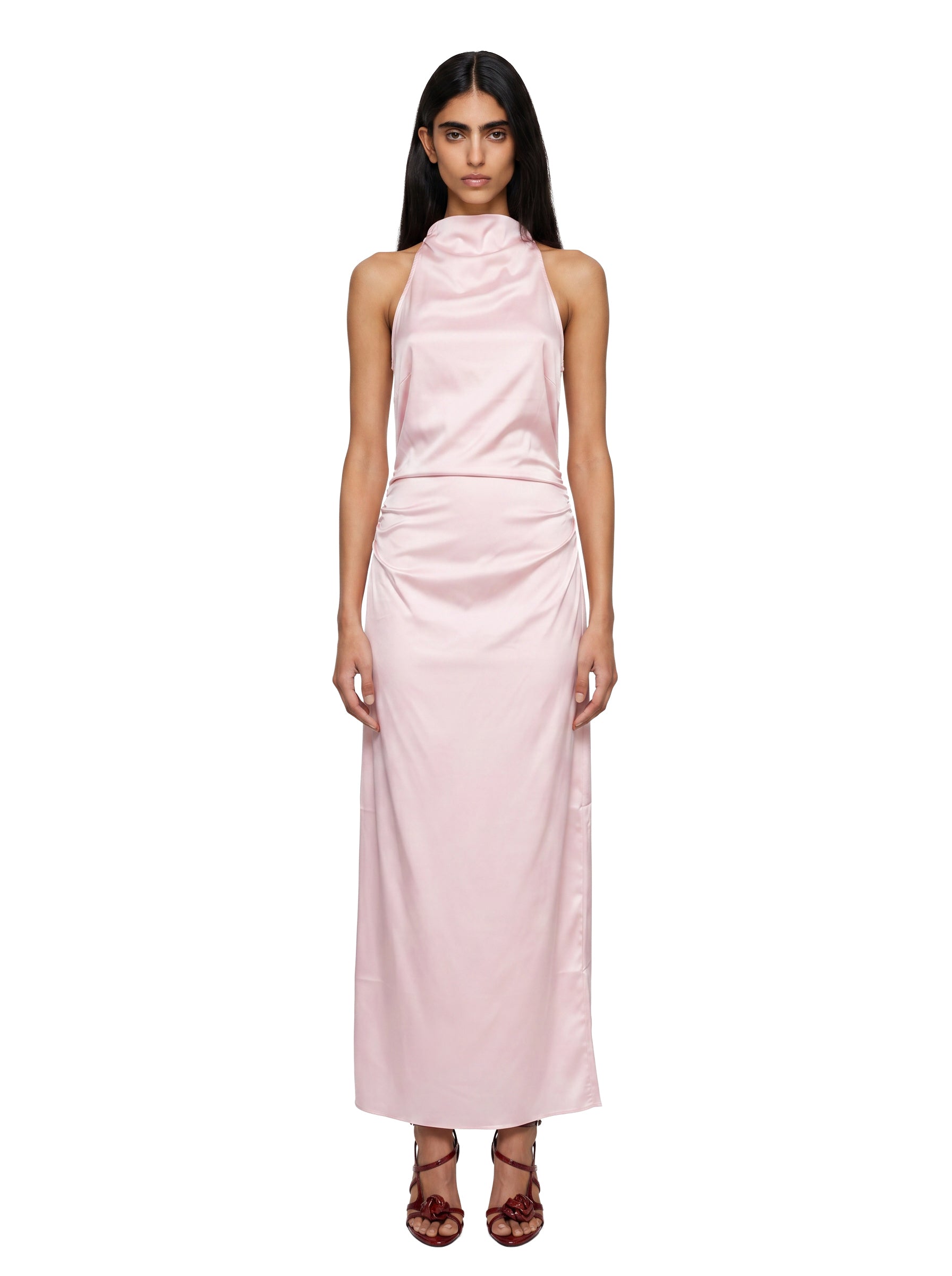 Abito maxi satinato in rosa 