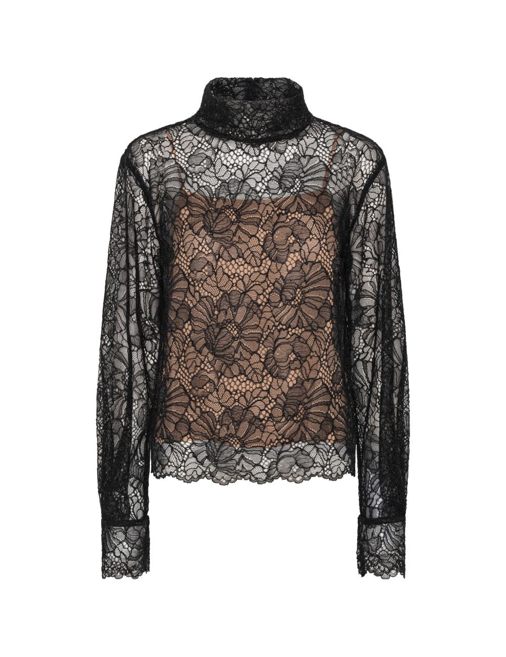 Blusa a collo alto in pizzo in nero 