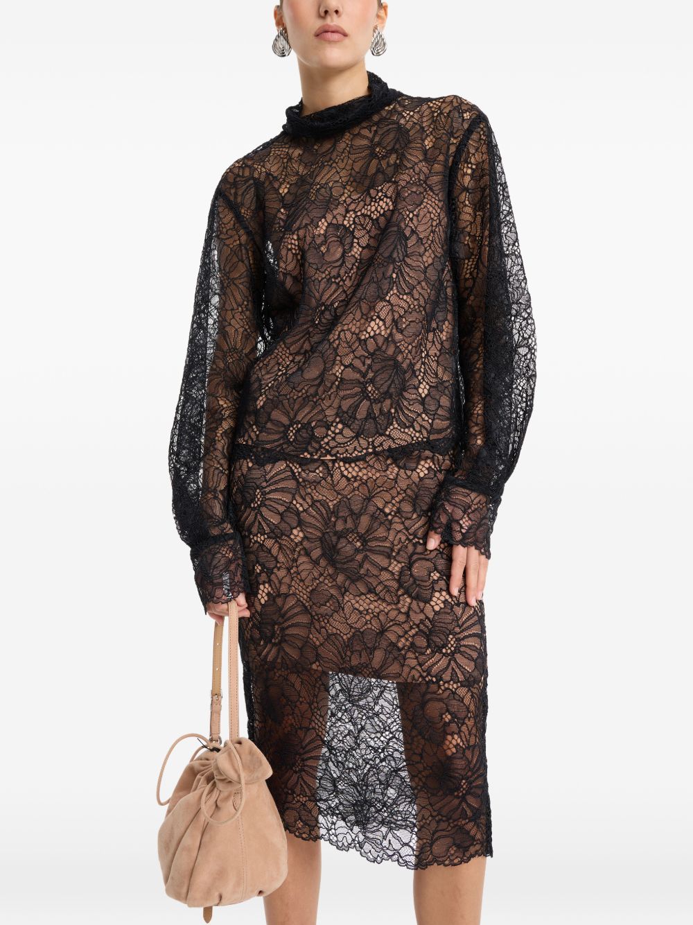 Gonna midi in pizzo in nero 