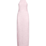 Abito lungo in pizzo con scollo all'americana in rosa 