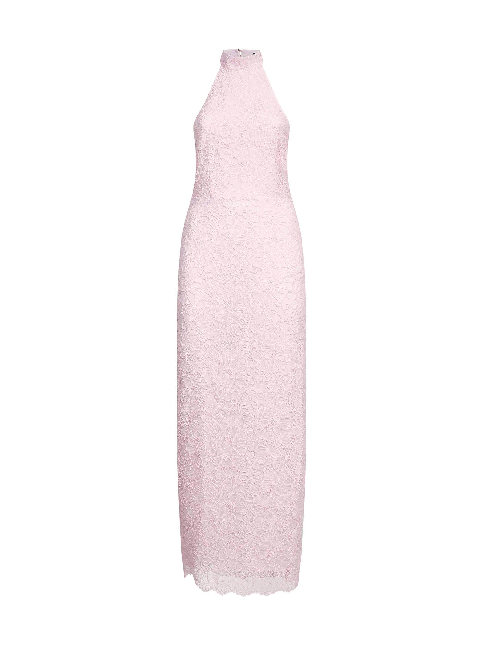 Abito lungo in pizzo con scollo all'americana in rosa 