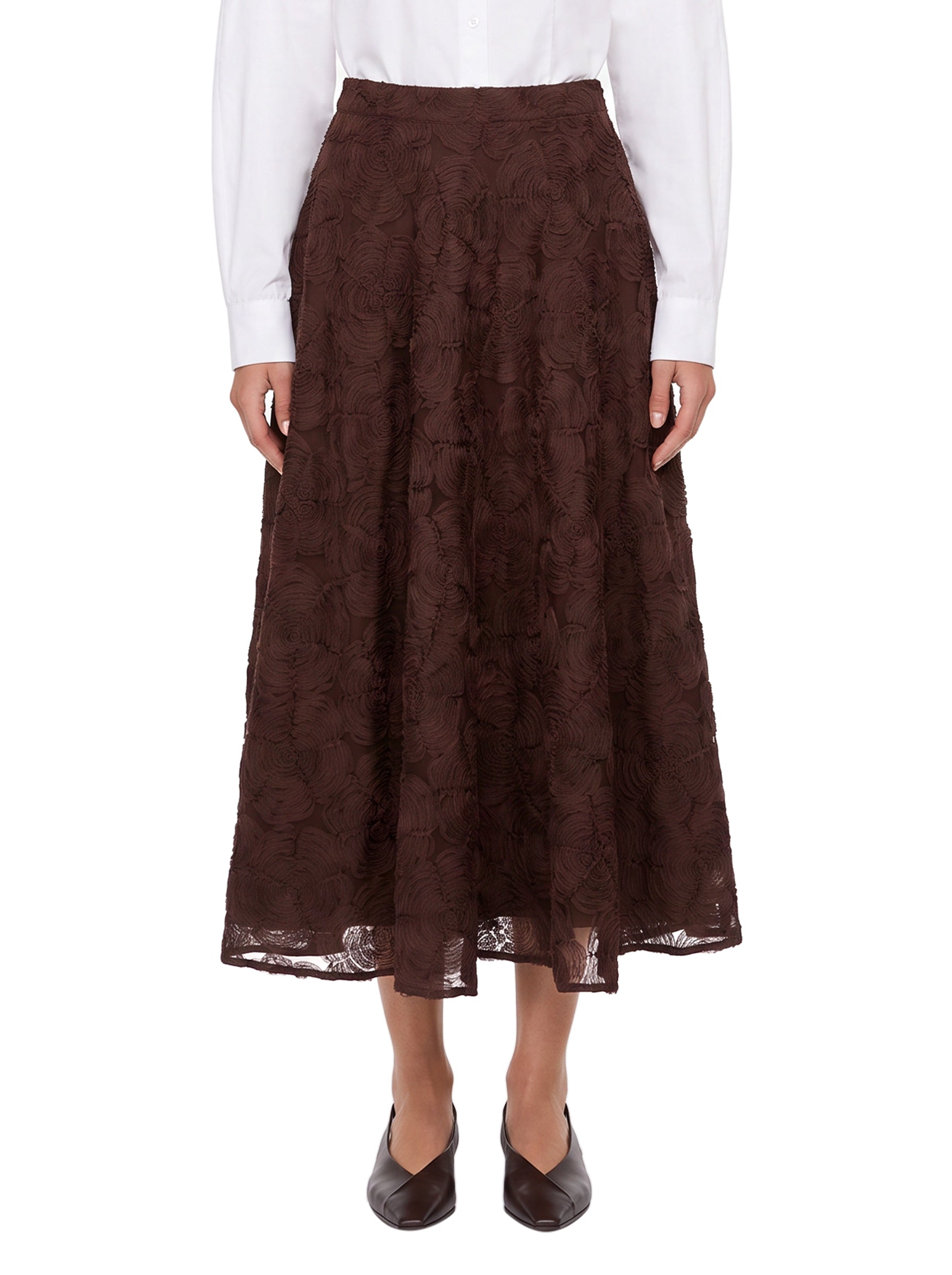 Gonna midi con fiori applicati in marrone 