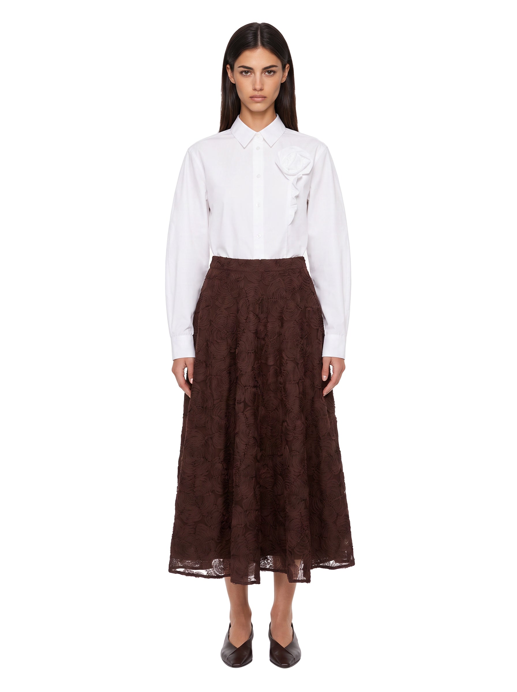 Gonna midi con fiori applicati in marrone 