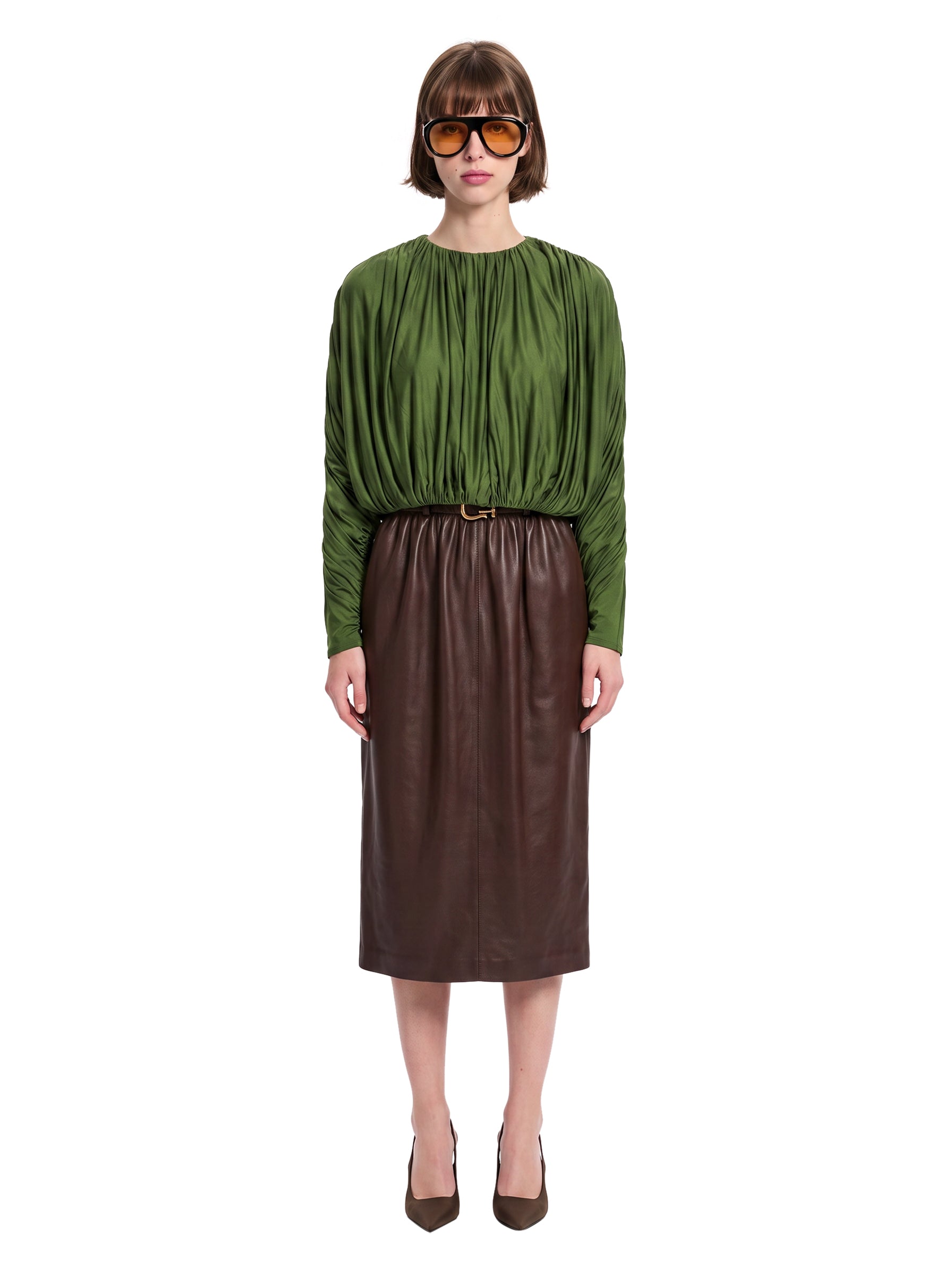 Top arricciato in jersey verde oliva 