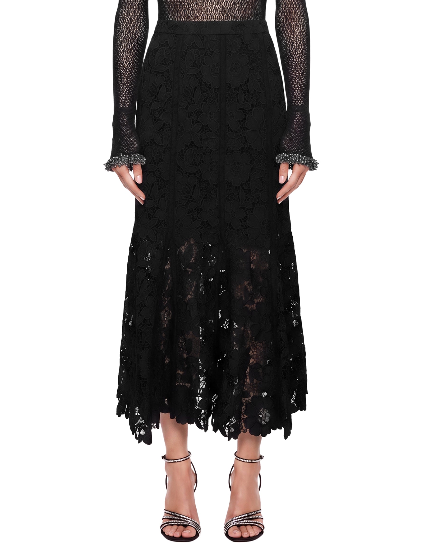 Gonna midi in pizzo in nero 
